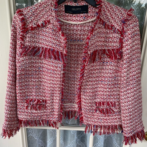 Zara Women's Red and White Tweed Blazer - Picture 1 of 3